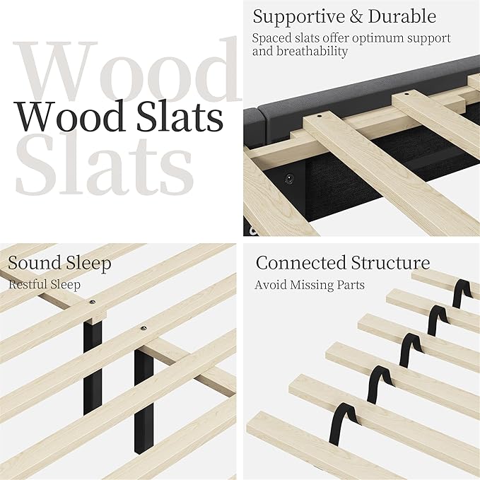 Yaheetech Queen Bed Frame Upholstered Platform Bed with Wing Side/Wooden Slat Support/Tufted Headboard with Wing Side/Mattress Foundation/No Box Spring Needed,Deep Gray Queen Bed