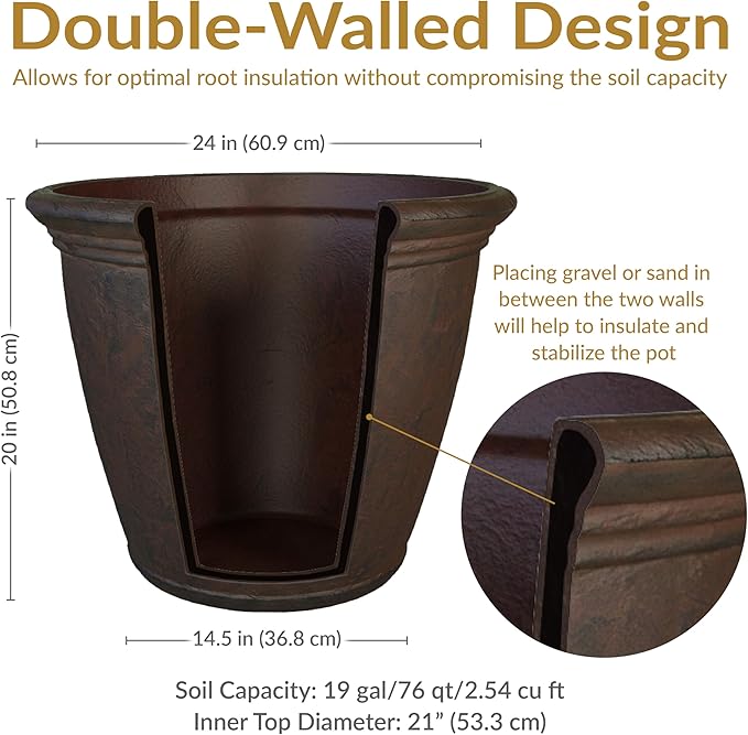 Sunnydaze 24-Inch Anjelica Large Plastic Pot for Plants - Double-Walled Outdoor Polyresin Round Planter Porch Pot with Drillable Drainage Holes - Rust - 3pk