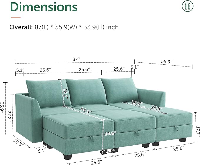 HONBAY Convertible Sectional Sleeper Sofa with Storage Seats Modern Modular Sofa Sectional Couch Modular Sleeper Couch with Ottomans, Aqua Blue