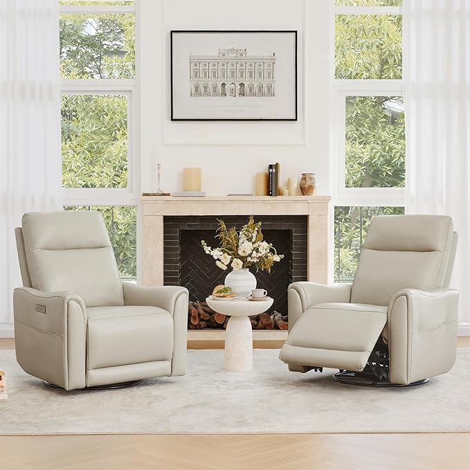 Watson & Whitely Genuine Leather Power Recliner Chairs for Adults, Swivel Glider Recliner Chair for Living Room with Charging Ports, Light Grey
