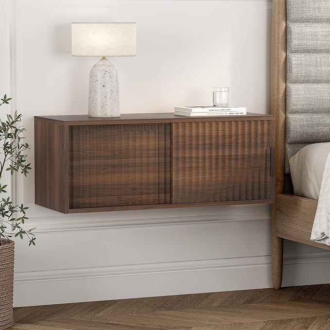 Fluted Floating TV Stand Set of 2, 30" Multi-Purpose Modern TV Display Shelf Console Entertainment Center Cabinet with Sliding Doors for Bedroom Living Room Entryway, Brown