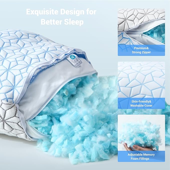 puredown Pillows Queen Size Set of 2, Cooling Pillow Queen Size 2 Pack, Adjustable Shredded Memory Foam Pillows for Side Back Stomach Hot Sleepers, Ice Blue
