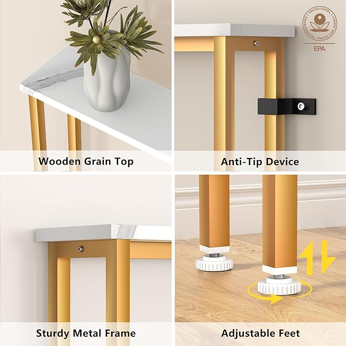 70Inch Console Table with Outlet, Sofa Table with Charger,Skinny Hallway Table, Narrow Entryway Table,Table Behind Sofa,for Living Room,Gold & White