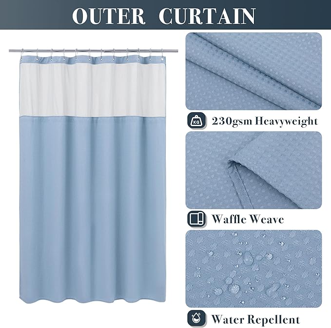 N&Y HOME Extra Long Waffle Weave Shower Curtain with Snap-in Fabric Liner & Hooks Set - 71" x 84", Hotel Style & Mesh Top Window, Machine Washable to Easy Clean - 71x84 Inches, Blue