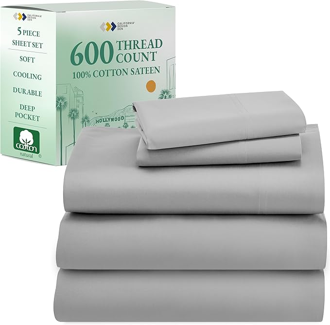 California Design Den Split King Sheet Set - 100% Cotton, 600 Thread Count, Breathable Luxury King Size Sheets for Adjustable Bed, Luxury Hotel-Quality Sheets with Soft Sateen Weave - Light Grey