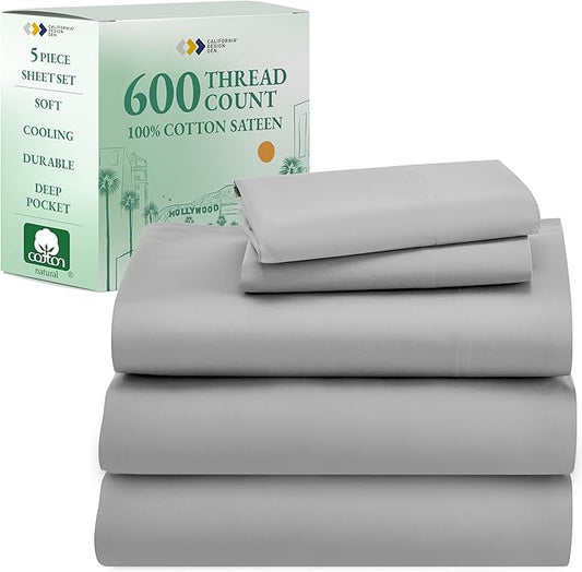 California Design Den Split King Sheet Set - 100% Cotton, 600 Thread Count, Breathable Luxury King Size Sheets for Adjustable Bed, Luxury Hotel-Quality Sheets with Soft Sateen Weave - Light Grey