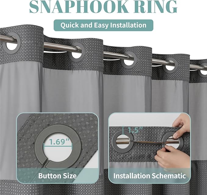 Charcoal Grey Long No Hook Waffle Weave Shower Curtain with snap-in Liner Replacement, 230GSM Waterproof Fabric Hotel Shower Curtain Set for Bathroom, Through Mesh Top Window,71Wx80H