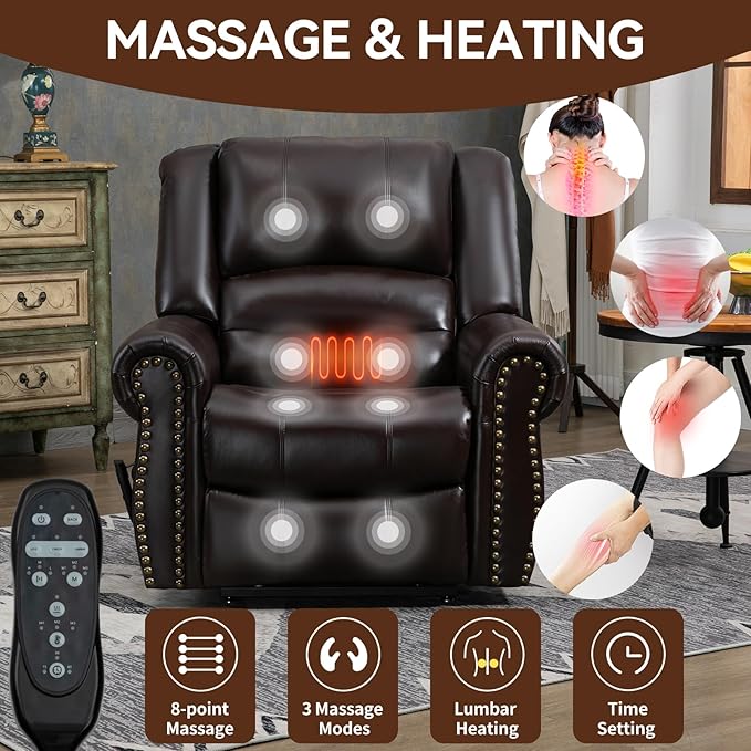 Power Lift Recliner Chair for Elderly, Dual Motor Massage Recliner with Lumbar Heat, Heavy Duty Motion Mechanism Lift Chair with Charge Ports, Faux Leather - Antique Brown