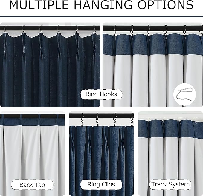 Vision Home Navy Blue Pinch Pleated Full Blackout Curtains Linen Blended Room Darkening Window Curtains 120 inch for Living Room Bedroom Thermal Insulated Pinch Pleat Drapes with Hooks 60" Wx120 Lx1