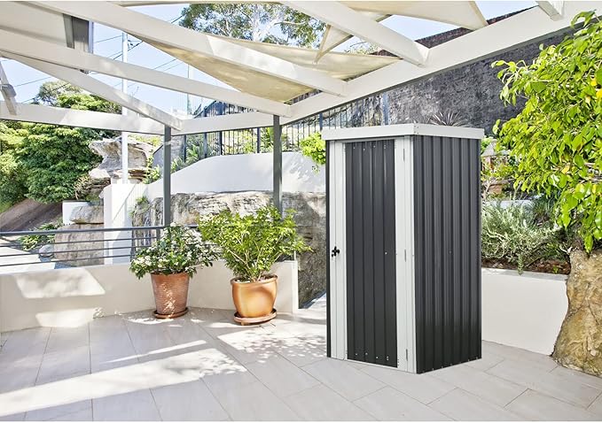 Hanover Galvanized Steel Single Door Patio Storage Shed for Garden Tools with Twist Lock and Key Security, 2 Tool Hooks (3'x3'x6') Dark Gray, White Rust Resistant Outdoor Storage for Yard Supplies
