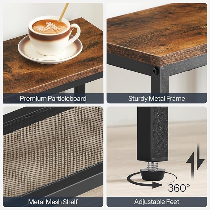 HOOBRO Narrow Console Table, Sofa Table, 4-Tier Industrial Hallway Table with Metal Mesh Shelf, Entryway Table with Adjustable Feet, for Entryway, Living Room, Hallway, Rustic Brown and Black BF79XG01