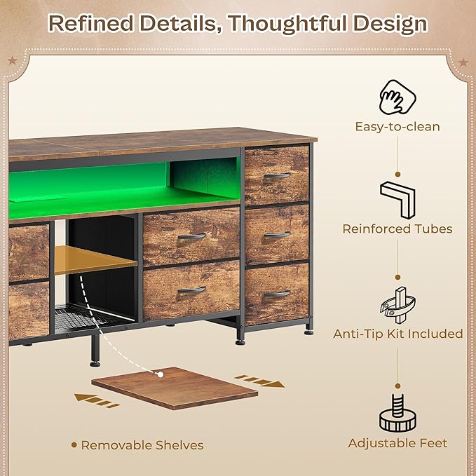 Huuger 63 Inch LED TV Stand Dresser with Power Outlets, USB-C Port and LED Lights, 10 Fabric Drawer Dresser for Bedroom, Long Entertainment Center for 65, 70 Inch TV, Open Shelves, Rustic Brown