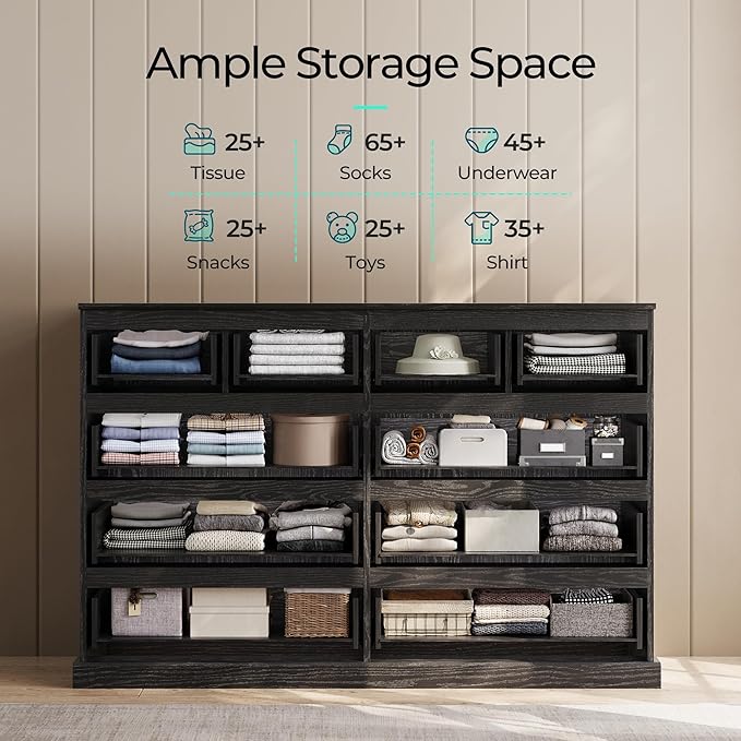 LINSY HOME 10 Drawer Dresser for Bedroom, 53" Wide Chest of Deep Drawers, Modern Farmhouse TV Stand Dressers with Storage, Large Drawer Organizer for Bedroom, Living Room, Handless Design, Black