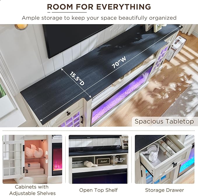 JXQTLINGMU Fireplace TV Stand for 80 Inch TV, Farmhouse Highboy Entertainment Center w/LED Lights & 36" Electric Fireplace, Large Media Console w/Glass Door Cabinet & Storage Drawer, White