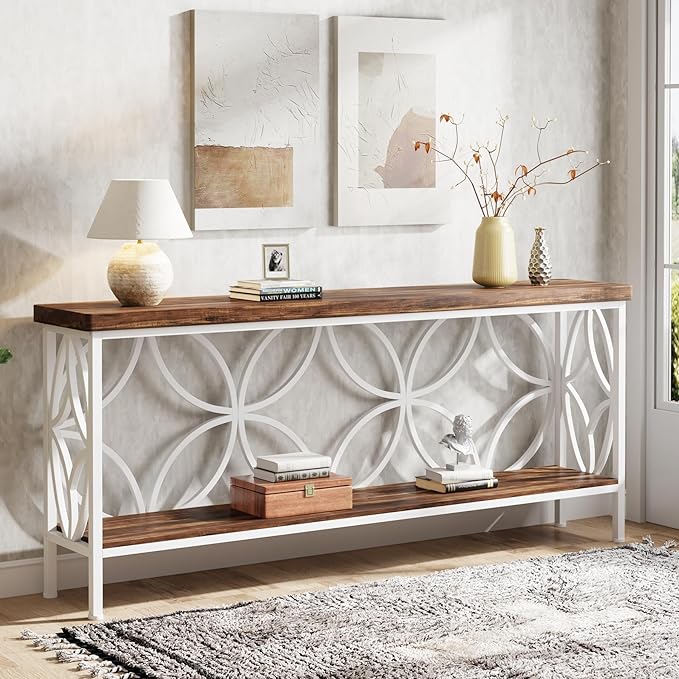 Tribesigns 70.9-Inch Narrow Sofa Table, Industrial Long Sofa Table Behind Couch, Entry Console Table with Storage for Entryway, Living Room, Foyer, Unique Design, Walnut/White