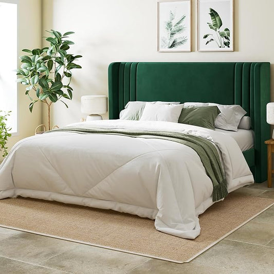 Allewie Queen Size Velvet Platform Bed Frame with Vertical Tufted Wingback Headboard, Easy Assembly, Under Bed Storage, No Box Spring Required, Modern Style, Green