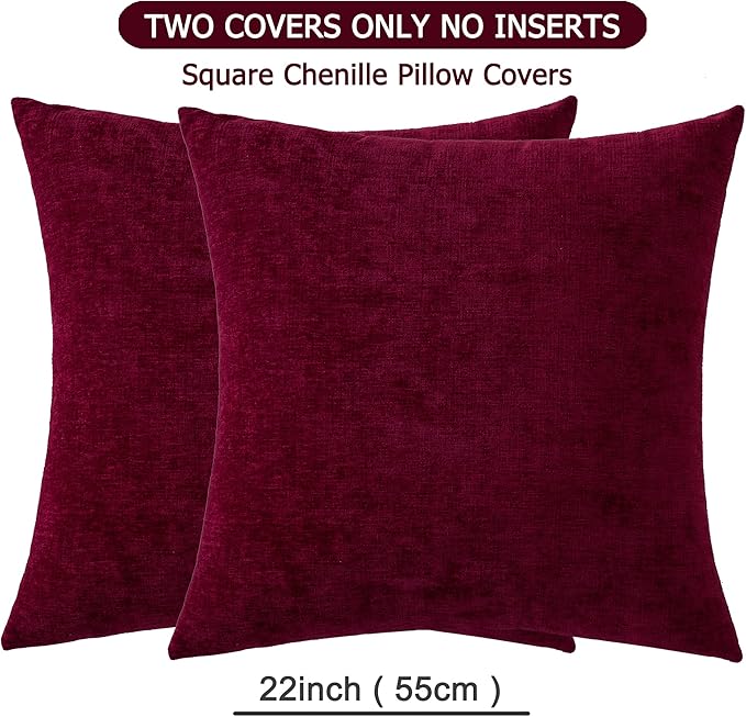GAWAMAY Decorative Square Throw Pillow Covers 22"x22" Inch Set of 2, Super Soft Chenille Pillows Farmhouse Fall Pillowcase for Living Room Bedroom Sofa Couch Cushion Cover Burgundy Red 55x55cm
