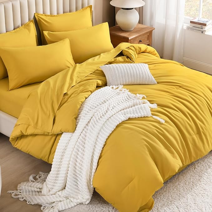 Litanika Comforter Queen Size Set Mustard Yellow - 7 Pieces Bed in a Bag Queen Bedding Comforter Sets, Plain Lightweight Bed Set with Comforter, Sheets, Pillowcases & Shams