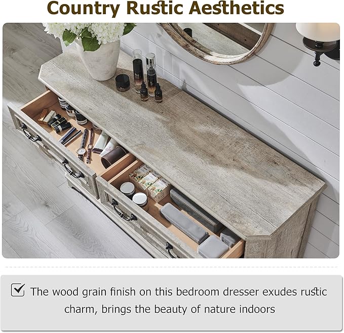 T4TREAM Farmhouse 8 Drawers Dresser for Bedroom, 54" Wide Wood Rustic Chest of Drawers with Natural Texture, Vintage Design, Storage Dressers Organizer for Bedroom, Living Room, Light Rustic Oak