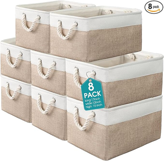 meekoo 8 Pack Collapsible Storage Bins Fabric Storage Bins Polyester Fabric Baskets with Handles Linen Closet Organizer for Shelf Home Closet Towels Toys(17 x 12 x 15 in,Beige)