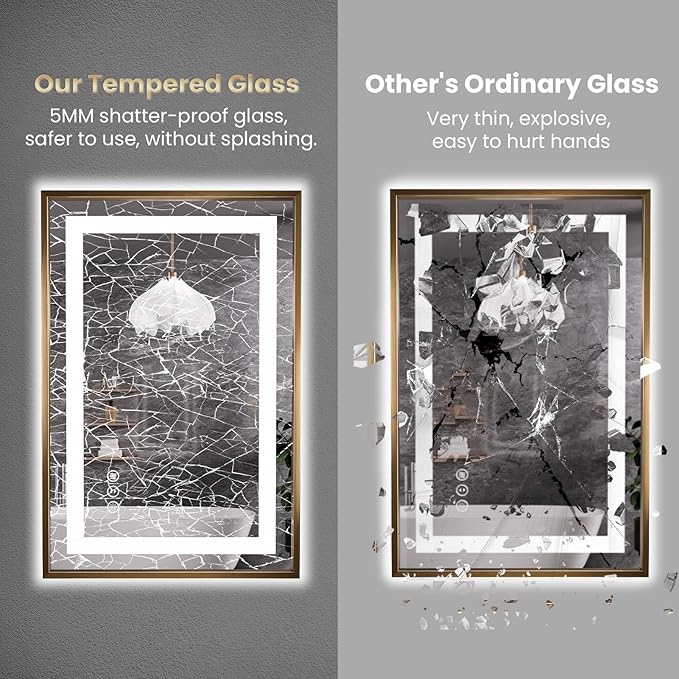 Amorho 40"X38" LED Bathroom Mirror, Gold Metal Framed Mirror with Front Light and Backlit, Stepless Dimmable, Anti-Fog, Shatter-Proof, Memory, 3 Colors