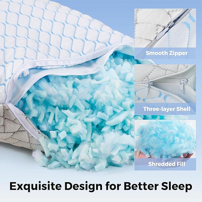 puredown Pillows Standard Size Set of 2, Shredded Memory Foam Pillows, Cooling Pillow for Sleeping, Bed Pillows Standard Size with Adjustable Foam for Side, Back and Stomach Sleepers