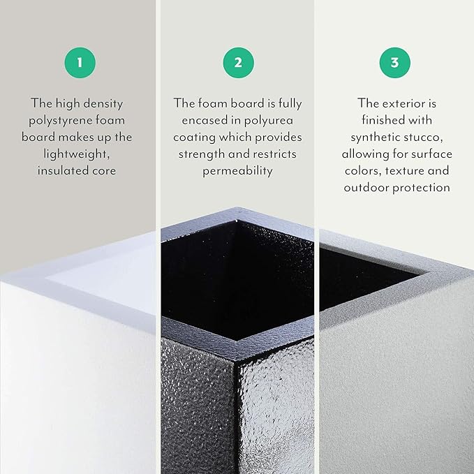 PolyStone Milan Tall Modern Outdoor/Indoor Rectangular Trough Planter, 46" L X 17" W X 19" H, Lightweight, Heavy Duty, Weather Resistant, Polymer Finish, Commercial and Residential (White)