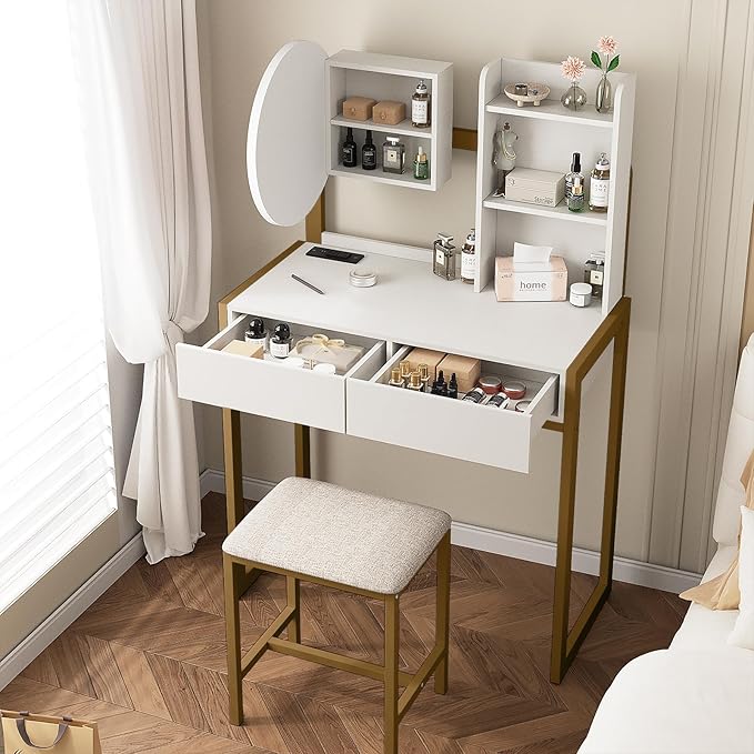 Small Vanity Desk with Mirror and Lights, Makeup Vanity Table with LED Mirror, 3 Lighting Modes, Power Outlet, Drawer, Open Shelves and Cushioned Stool for Bedroom (Gold)