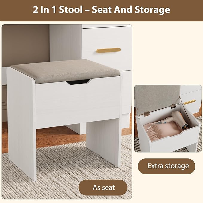 Garvee Vanity Desk with Large Mirror and Lights, 45.9In Makeup Vanity Desk, 3 Lighting Modes Adjustable Brightness, Vanity Table with Power Outlet &8 Drawers, for Powder Room and Bedroom