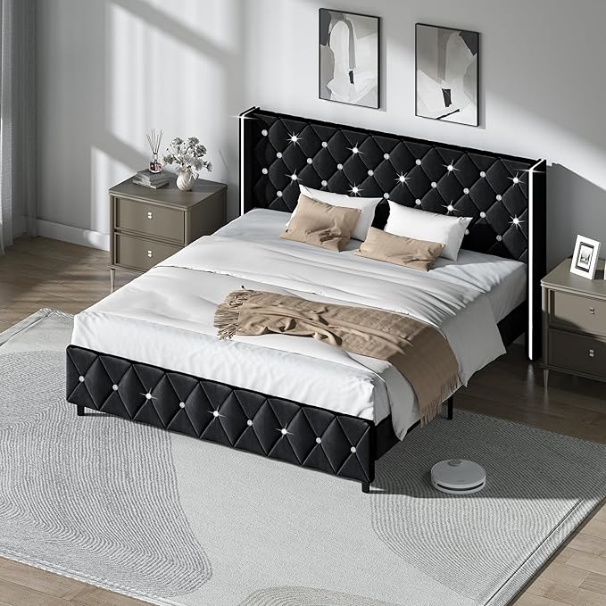 HOMBCK King Size Bed Frame Black, Velvet Upholstered Bed Frame King with Diamonds Tufted Headboard and Footboard, Wooden Slats Support, No Box Spring Needed, Easy Assembly, Black