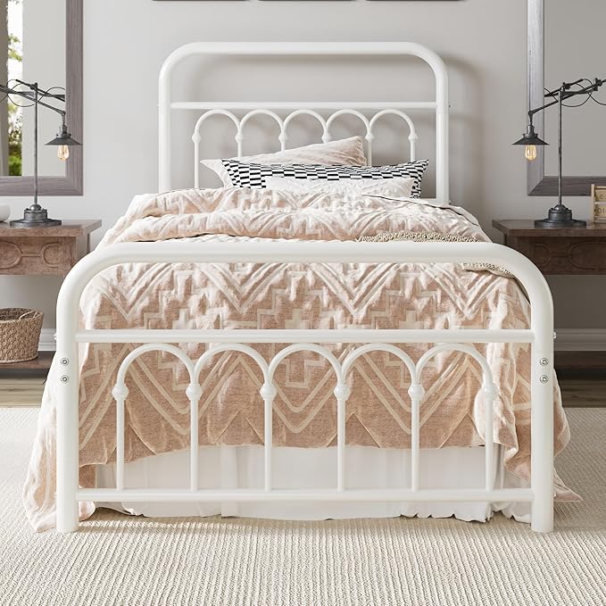 Allewie 14 Inches Twin Size Metal Platform Bed Frame with Victorian Style Curved Iron-Art Headboard/Footboard, Metal Slats Support, Easy Assembly, Under Bed Storage, No Box Spring Required, White