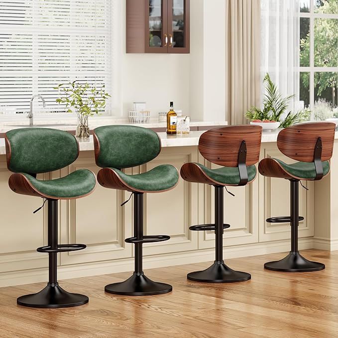 Bar Stools Modern PU Leather Adjustable Swivel Barstools, Kitchen Counter Bar Stool Island Barstool with Back Set of 2, Green