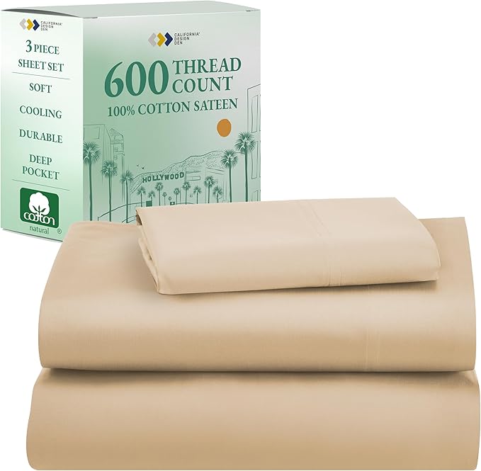 California Design Den 100% Cotton Sheet Set Twin XL, 600 Thread Count Sheets, Sateen, Soft, Cooling Twin XL Sheets, Hotel-Quality Bedding Sheets & Pillowcases (Golden Tan)