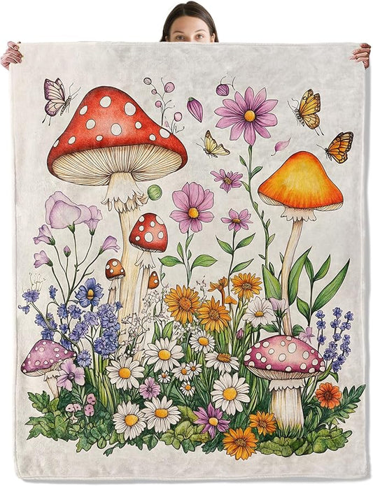 Colorful Mushroom Blanket, Cozy Flannel Flowers and Butterflies Throw Blanket for Couch Outdoor, Plush Soft Lightweight Travel Blankets for Bed Decor and Gifts, for Adults Women Kids 40"x50"