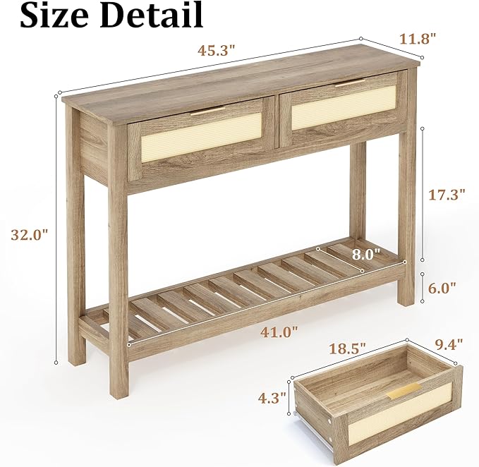 Console Tables with 2 Drawers,Rattan Entryway Table with Storage Shelf,Wood Boho Foyer Tables for Entryway,Farmhouse Console Tables for Living Room,Hallway, Sofa Table,Study Or TV Wall
