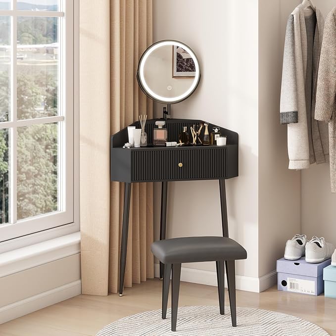 ARTETHYS Corner Vanity Desk with Retractable and Rotating Mirror and Lights Small Modern Black Makeup Vanity Set with Glass Top for Women Compact Girls Dressing Table with Storage for Small Space