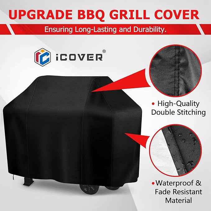 iCOVER Grill Cover, 55 inch BBQ Grill Cover for Outdoor Grill, Anti-UV & Fade Resistant Gas Grill Cover, Waterproof Barbecue Grill Covers for Weber, Char-Broil, Nexgrill and More, Black