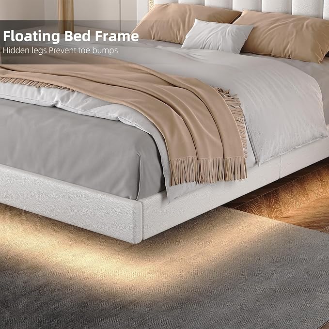 HOMBCK Floating Bed Frame Full with Smart LED Lights, Faux Leather Upholstered Platform Bed with Diamond PU Headboard, No Box Spring Needed, Noise-Free, Easy Assembly, White