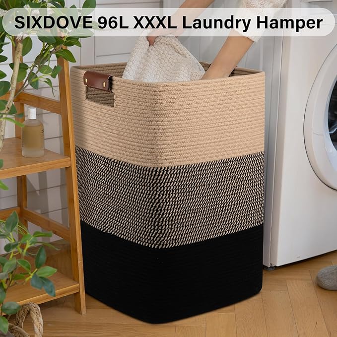 Laundry Hamper 96L Extra Large Laundry Basket, Woven Blanket Basket, Cotton Woven Storage Hamper with Handles for Living Room, Large Baskets for Pillows, Blankets, Clothes-Black & Yellow