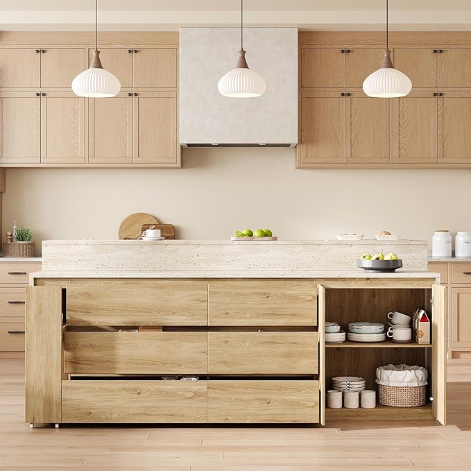 90.6"W Stationary Kitchen Island with Double-layer Countertop, Kitchen Island Storage Cabinet with Adjustable Shelves & 6 Drawers, Island table with Pull Out Spice Rack for kitchen , Dining Room