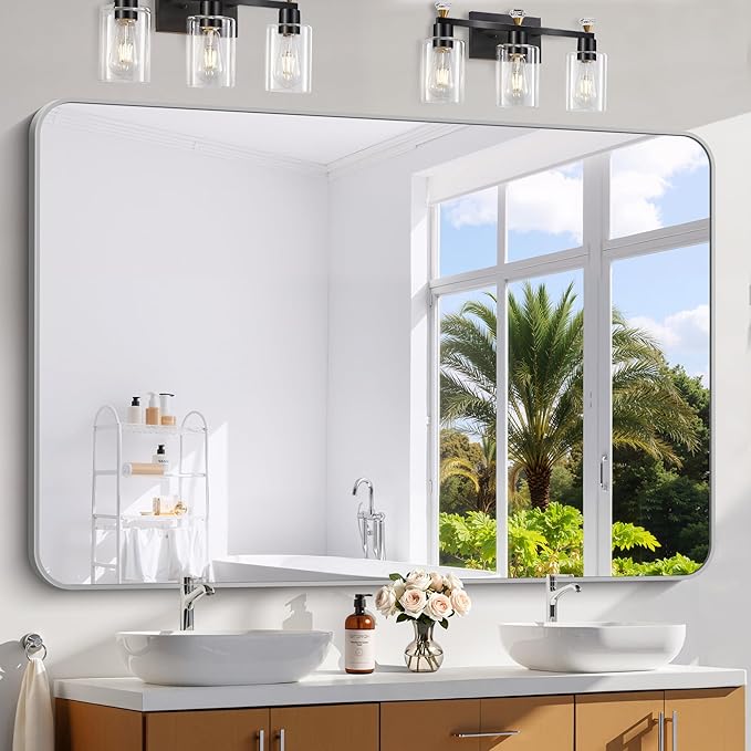 60x40 Inch Silver Bathroom Mirror, Large Rectangle Mirror, Metal Framed Rectangular Vanity Mirror, Rounded Corner Wall Mounted Mirror for Living Room Bedroom Entryway Horizontal or Vertical