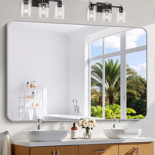 60x40 Inch Silver Bathroom Mirror, Large Rectangle Mirror, Metal Framed Rectangular Vanity Mirror, Rounded Corner Wall Mounted Mirror for Living Room Bedroom Entryway Horizontal or Vertical