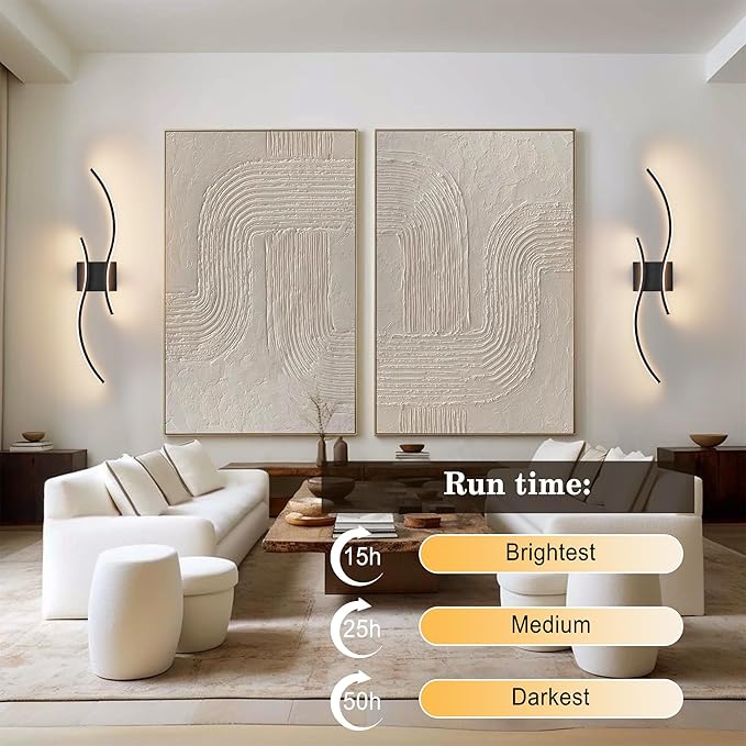 Battery Operated Wall Sconces Set of Two with Remote Control, Stepless Colors 3000K-6000K & Dimming, LED Black Wireless Wall Light for Living Room, Hallway, Bedroom, 27.5 Inch (2 Pack)