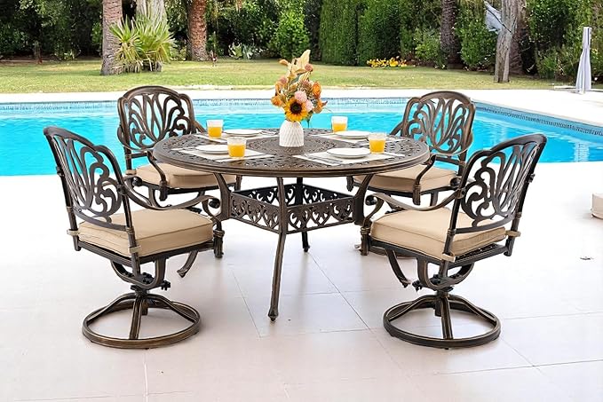5 Piece Outdoor Dining Set Cast Aluminum, Retro Patio Dining Furniture Set for 4 Includes 54’’ Round Table 4 Swivel Chairs with Thicker Cushion and Umbrella Hole for Patio Deck Garden