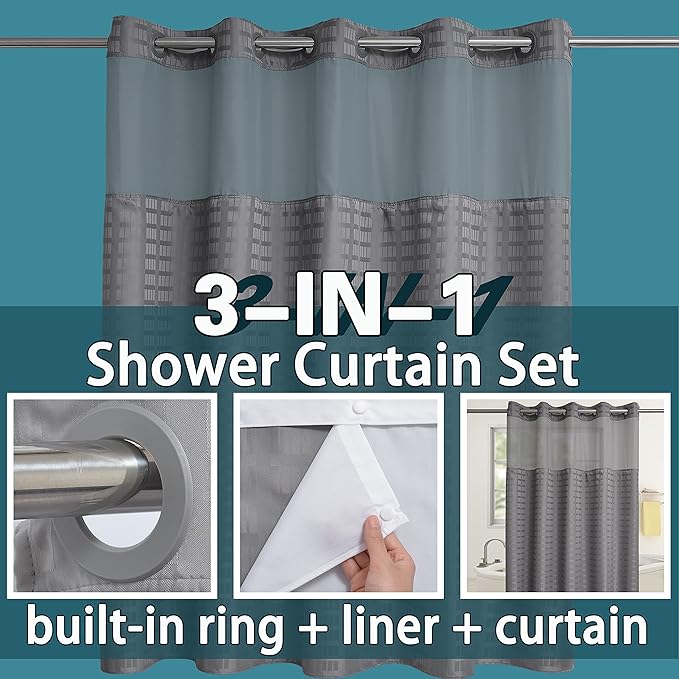 Conbo Mio No Hook Shower Curtain with Snap in Liner Set, Hotel Luxury Grey Shower Curtains for Bathroom with See Through Top Window, Waterproof, Washable 71W x 74H