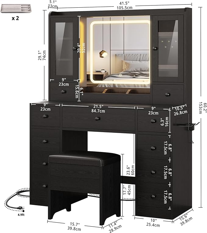 IRONCK Vanity Desk with LED Lights Mirror and Charging Station, Makeup Vanity Table with Jewelry Armoire, Storage Bench, and 11 Drawers,Black