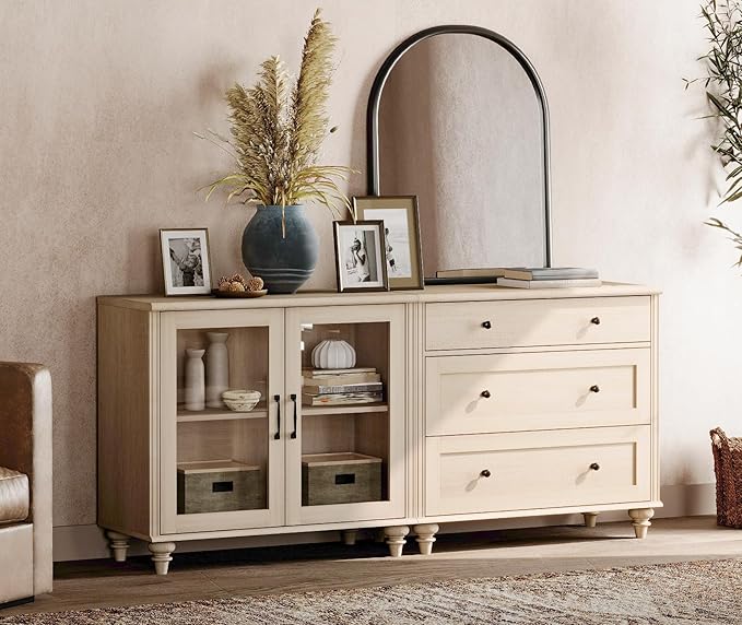 WAMPAT TV Stand for 75 Inch TV, Wood TV Cabinet Entertainment Center Television Stands for Living Room, 2-in-1 Sideboard Buffet Cabinet with Glass Door & Drawer for Kitchen, Light Oak