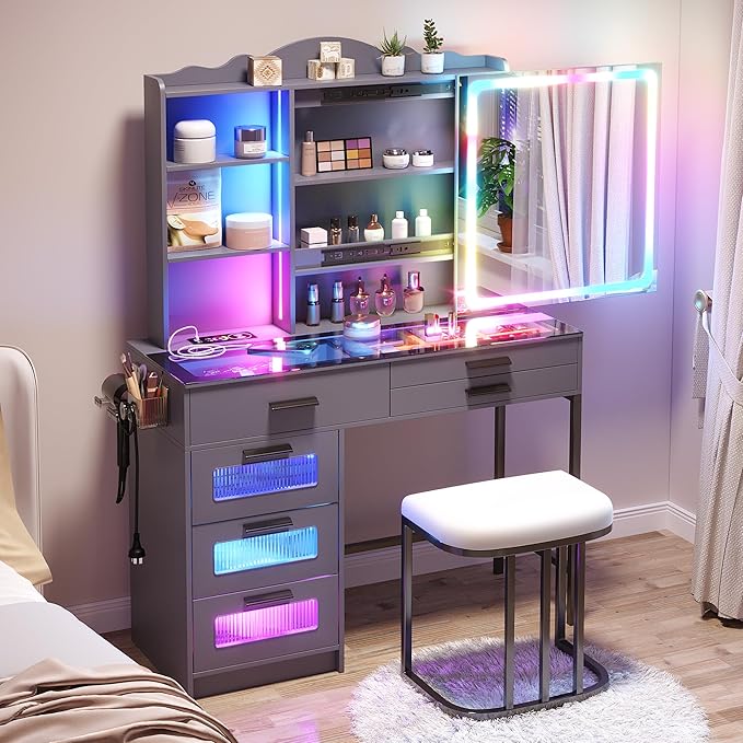 HENBC Vanity Desk with Sliding Mirror and Glass Desktop, LED Vanitys Mirror with RGB Lights Desk and Chair, Dressers Table Set with Charging Station/Makeup Organizer/6 Drawers for Bedroom(Grey)