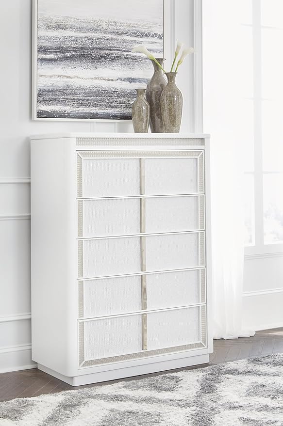 Signature Design by Ashley Chalanna Contemporary Chest of Drawers with Felt-Lined Top Drawer, LED Lighting and Glamorous Details, White
