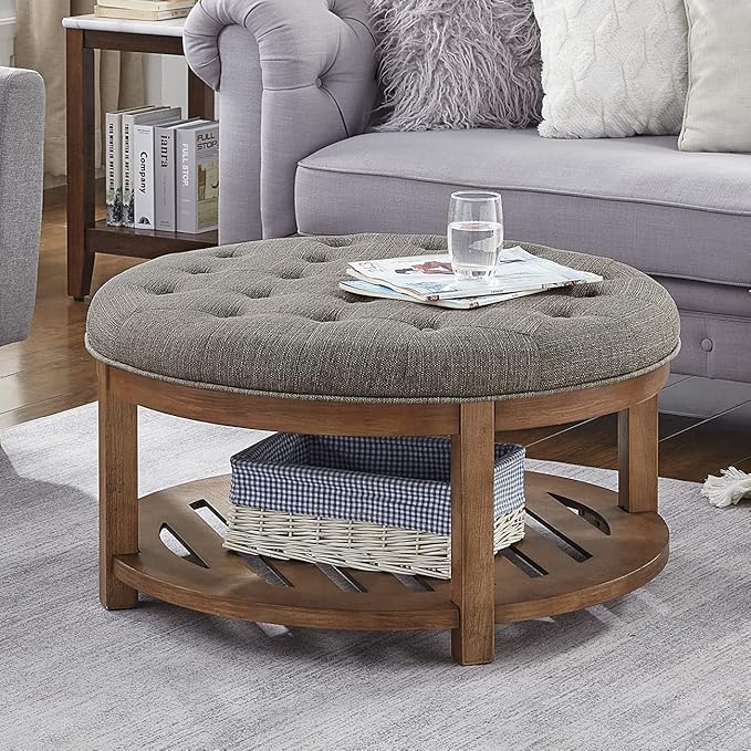 24KF Large Round Upholstered Tufted Linen Ottoman Coffee Table, Large Footrest Ottoman with Wood Shelf Storage-Granite